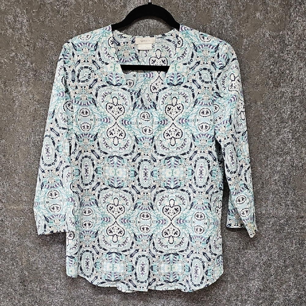 Van Heusen V Neck Ornamental Print Blouse, Navy White Turquoise, Size Medium